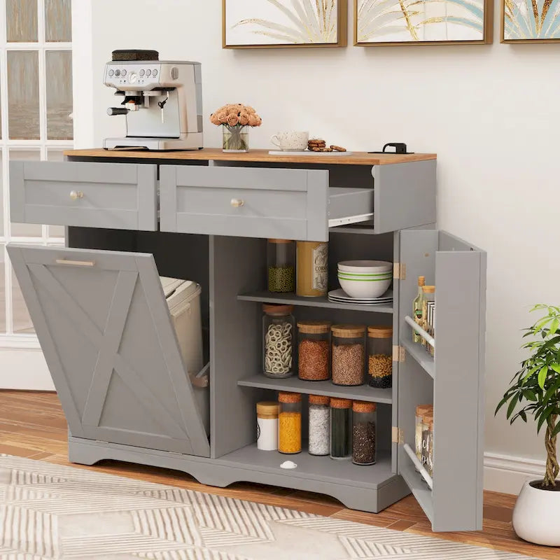 Meuble poubelle basculant avec prises, 2 tiroirs, étagère réglable