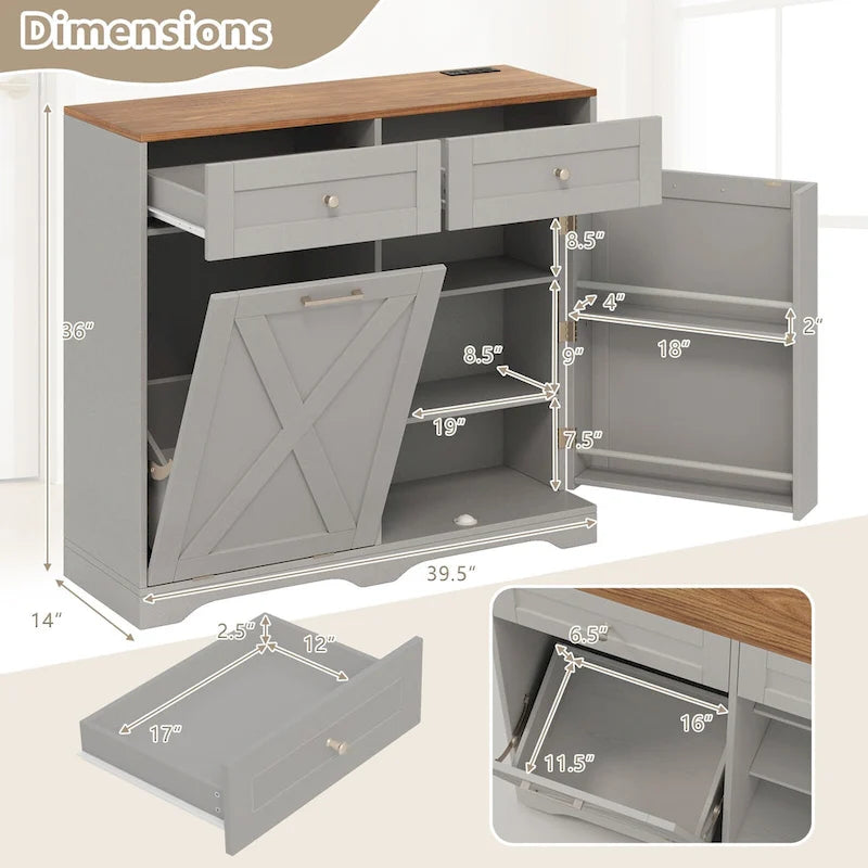 Meuble poubelle basculant avec prises, 2 tiroirs, étagère réglable