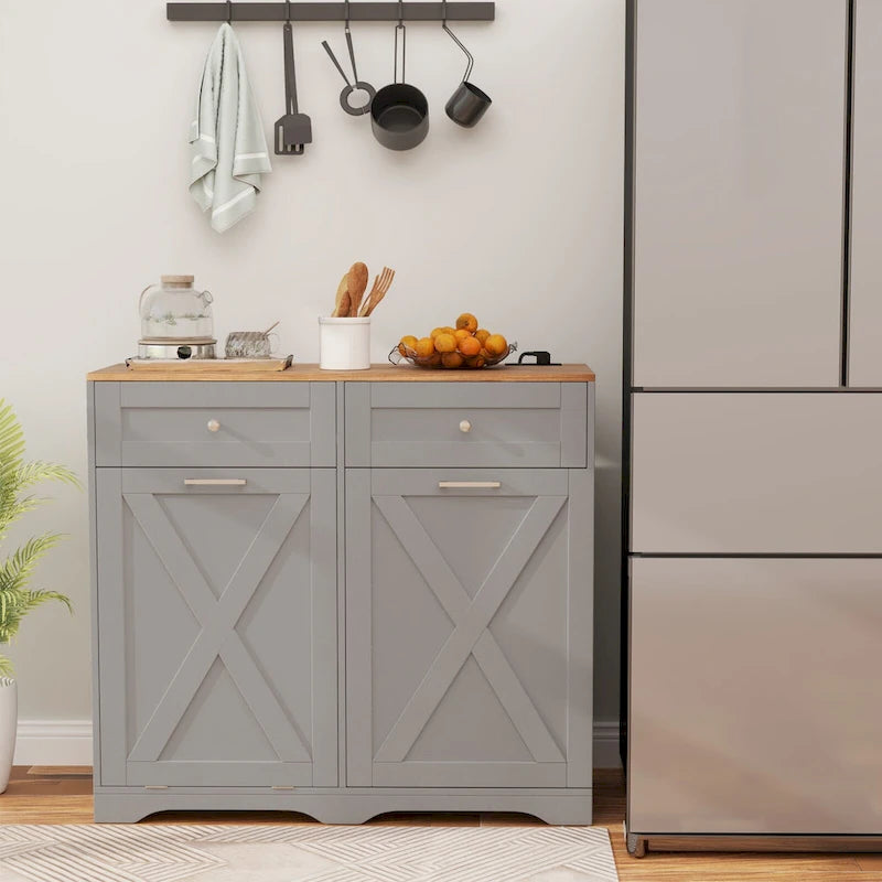 Meuble poubelle basculant avec prises, 2 tiroirs, étagère réglable