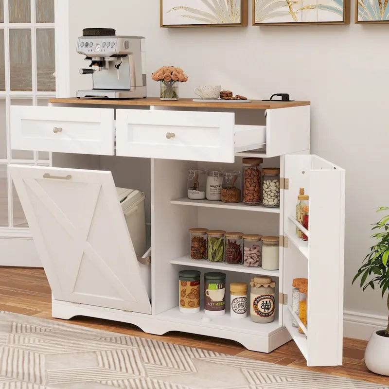 Meuble poubelle basculant avec prises, 2 tiroirs, étagère réglable