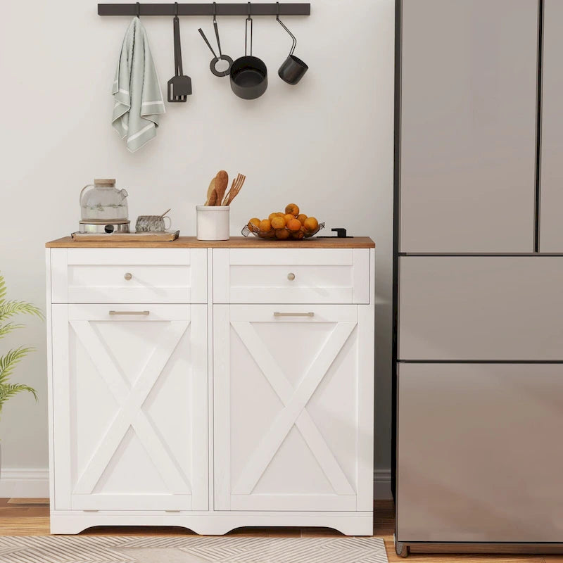 Meuble poubelle basculant avec prises, 2 tiroirs, étagère réglable