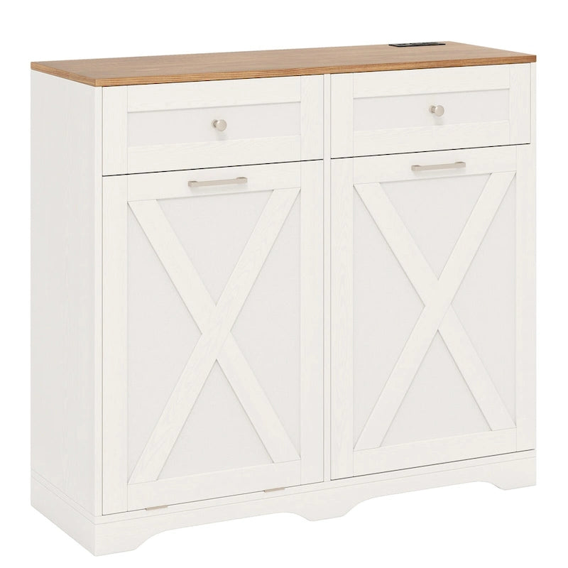 Meuble poubelle basculant avec prises, 2 tiroirs, étagère réglable