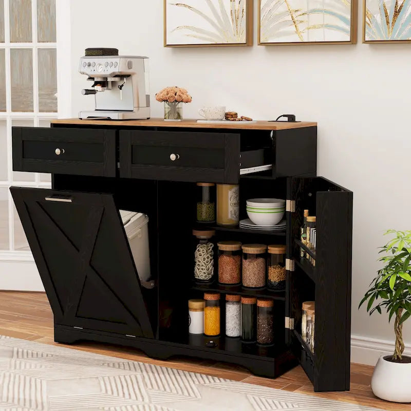Meuble poubelle basculant avec prises, 2 tiroirs, étagère réglable
