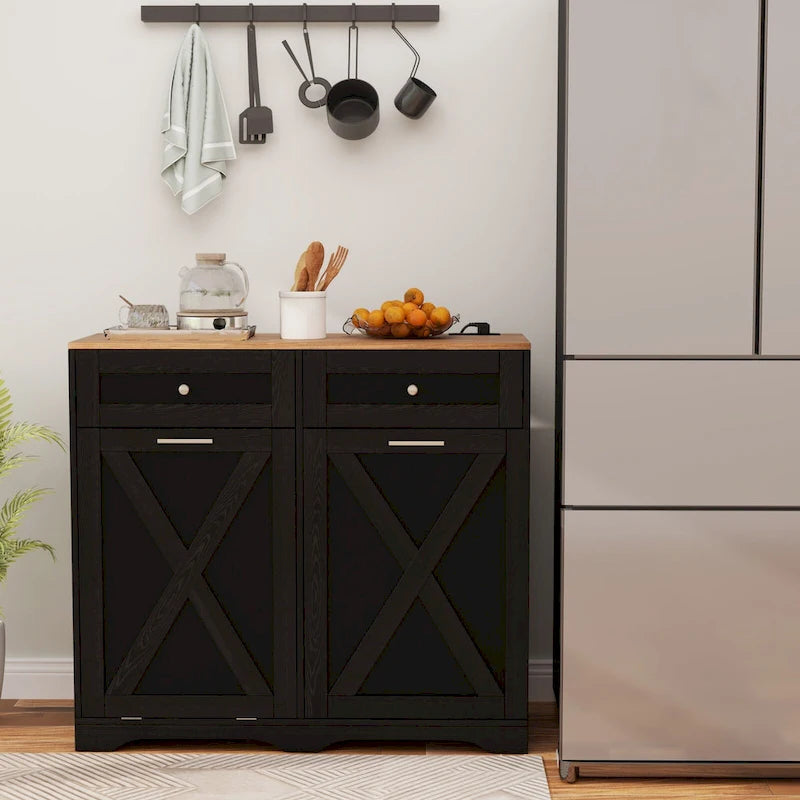 Meuble poubelle basculant avec prises, 2 tiroirs, étagère réglable