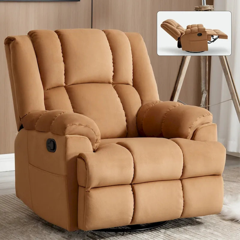 Fauteuil inclinable pivotant en tissu, grand fauteuil inclinable manuel surdimensionné avec accoudoirs rembourrés et dossier à coussin