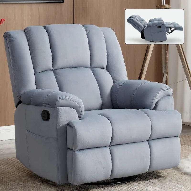 Fauteuil inclinable pivotant en tissu, grand fauteuil inclinable manuel surdimensionné avec accoudoirs rembourrés et dossier à coussin