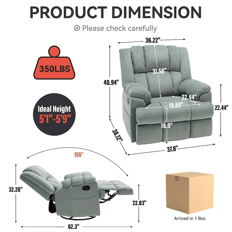 Fauteuil inclinable pivotant en tissu, grand fauteuil inclinable manuel surdimensionné avec accoudoirs rembourrés et dossier à coussin