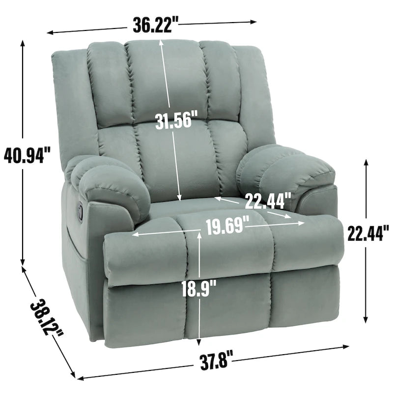 Fauteuil inclinable pivotant en tissu, grand fauteuil inclinable manuel surdimensionné avec accoudoirs rembourrés et dossier à coussin