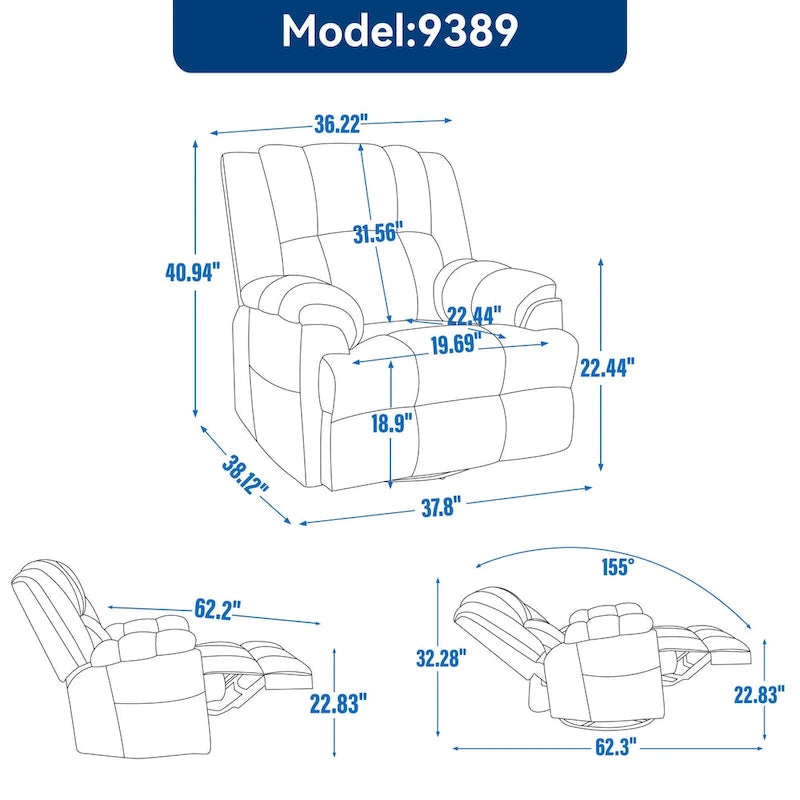 Fauteuil inclinable pivotant en tissu, grand fauteuil inclinable manuel surdimensionné avec accoudoirs rembourrés et dossier à coussin
