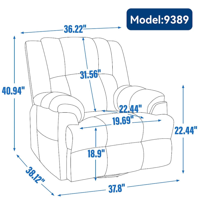 Fauteuil inclinable pivotant en tissu, grand fauteuil inclinable manuel surdimensionné avec accoudoirs rembourrés et dossier à coussin
