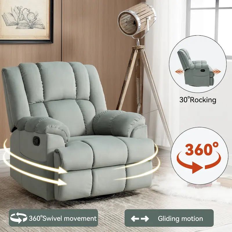 Fauteuil inclinable pivotant en tissu, grand fauteuil inclinable manuel surdimensionné avec accoudoirs rembourrés et dossier à coussin