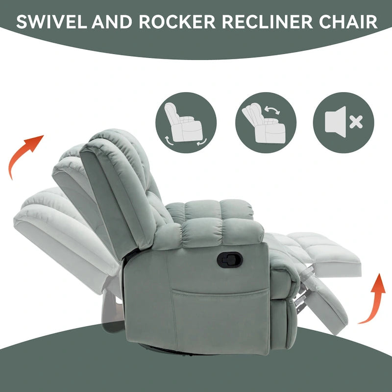 Fauteuil inclinable pivotant en tissu, grand fauteuil inclinable manuel surdimensionné avec accoudoirs rembourrés et dossier à coussin