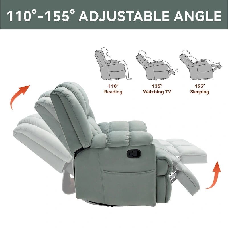 Fauteuil inclinable pivotant en tissu, grand fauteuil inclinable manuel surdimensionné avec accoudoirs rembourrés et dossier à coussin