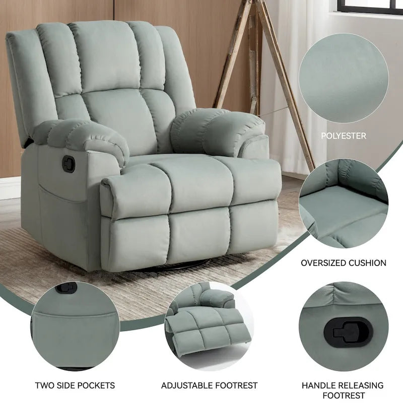 Fauteuil inclinable pivotant en tissu, grand fauteuil inclinable manuel surdimensionné avec accoudoirs rembourrés et dossier à coussin