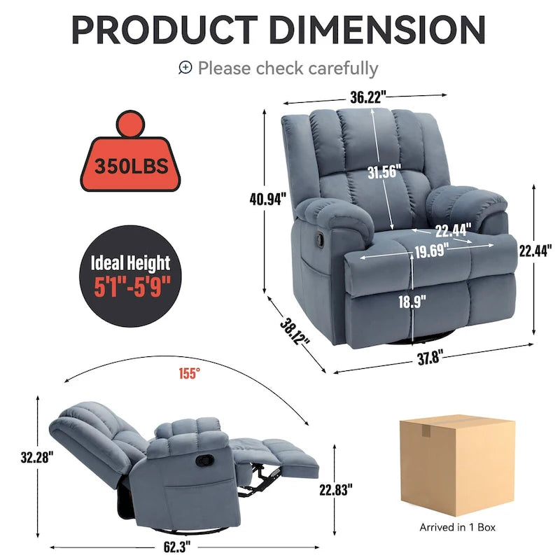 Fauteuil inclinable pivotant en tissu, grand fauteuil inclinable manuel surdimensionné avec accoudoirs rembourrés et dossier à coussin