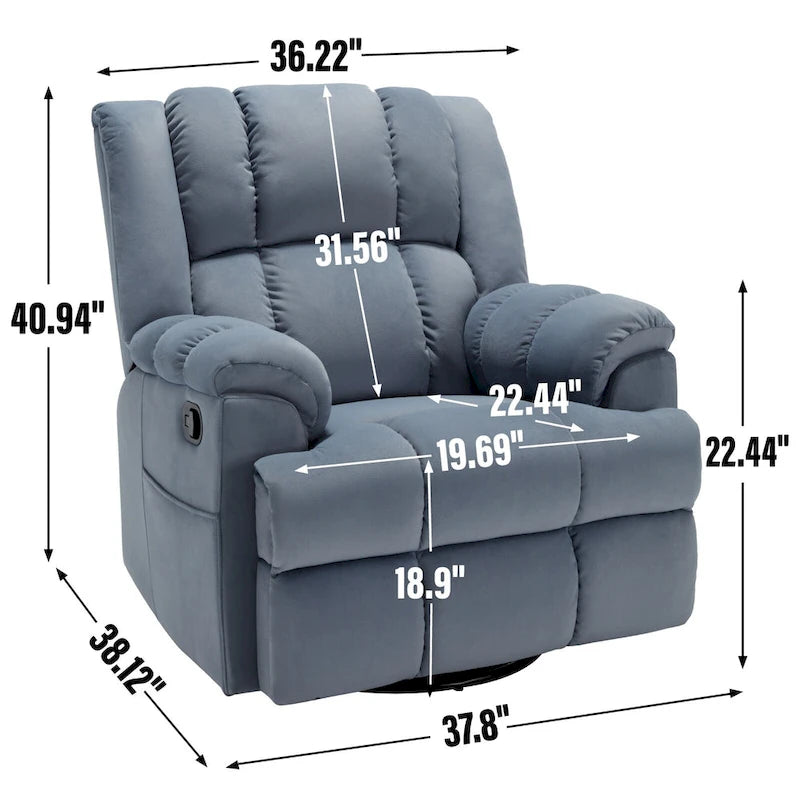 Fauteuil inclinable pivotant en tissu, grand fauteuil inclinable manuel surdimensionné avec accoudoirs rembourrés et dossier à coussin