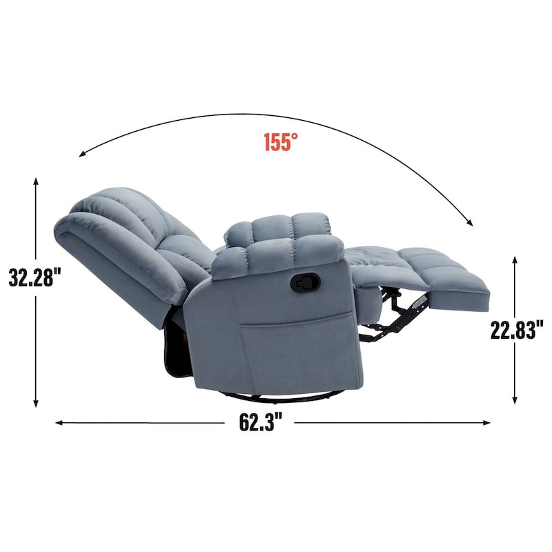 Fauteuil inclinable pivotant en tissu, grand fauteuil inclinable manuel surdimensionné avec accoudoirs rembourrés et dossier à coussin