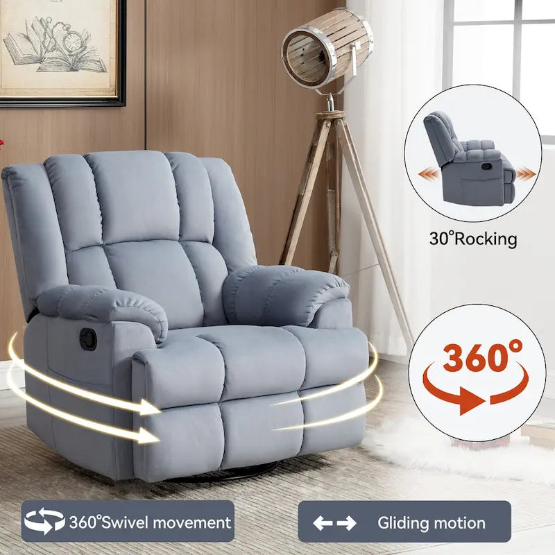 Fauteuil inclinable pivotant en tissu, grand fauteuil inclinable manuel surdimensionné avec accoudoirs rembourrés et dossier à coussin