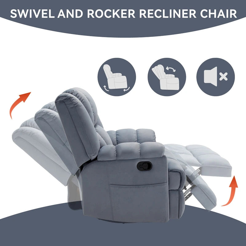 Fauteuil inclinable pivotant en tissu, grand fauteuil inclinable manuel surdimensionné avec accoudoirs rembourrés et dossier à coussin