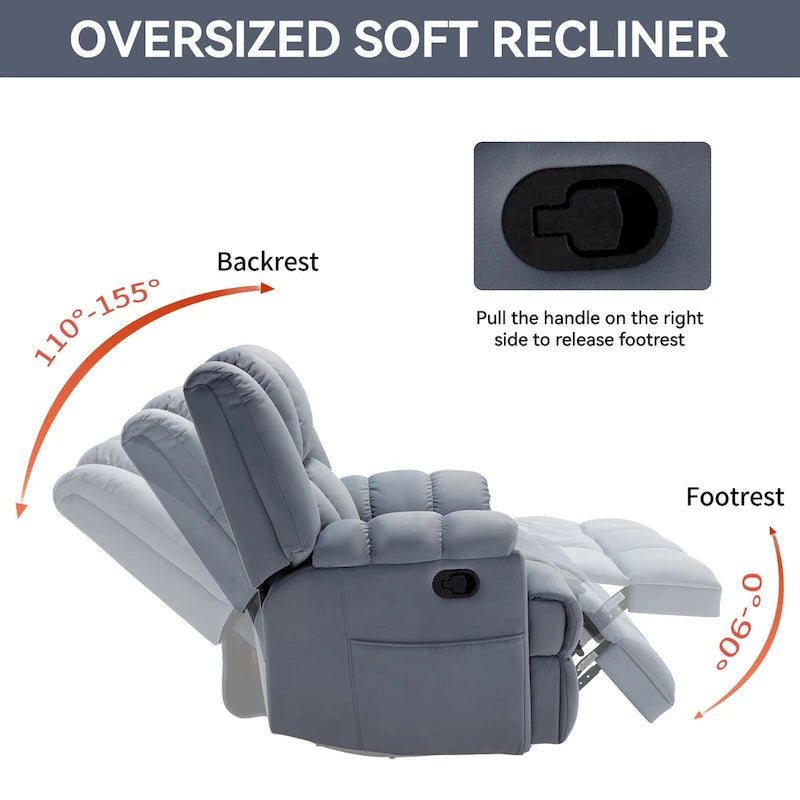 Fauteuil inclinable pivotant en tissu, grand fauteuil inclinable manuel surdimensionné avec accoudoirs rembourrés et dossier à coussin