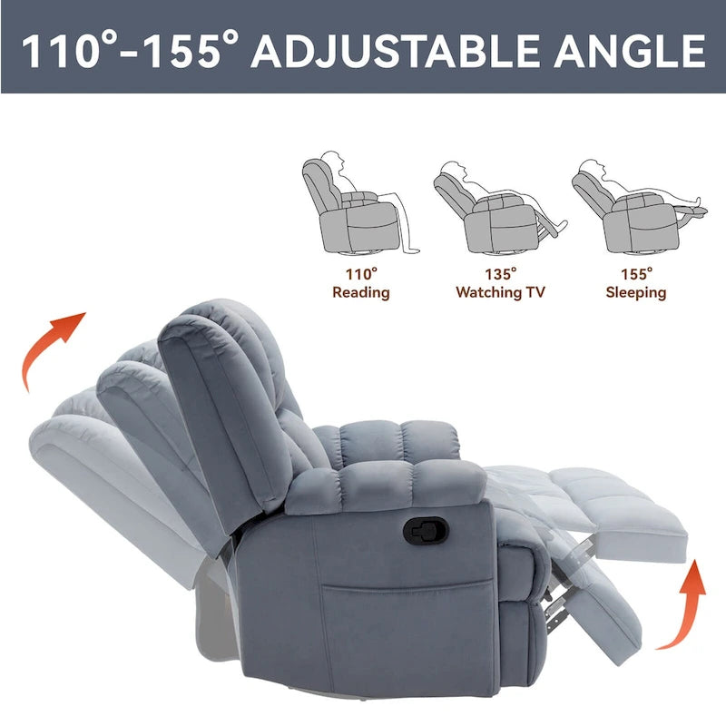 Fauteuil inclinable pivotant en tissu, grand fauteuil inclinable manuel surdimensionné avec accoudoirs rembourrés et dossier à coussin
