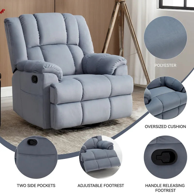Fauteuil inclinable pivotant en tissu, grand fauteuil inclinable manuel surdimensionné avec accoudoirs rembourrés et dossier à coussin