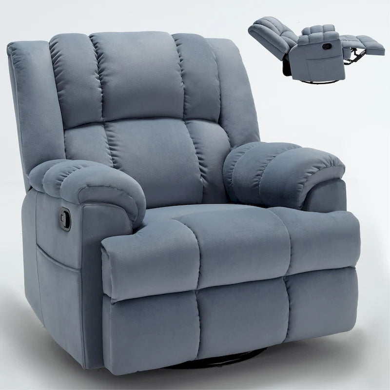 Fauteuil inclinable pivotant en tissu, grand fauteuil inclinable manuel surdimensionné avec accoudoirs rembourrés et dossier à coussin
