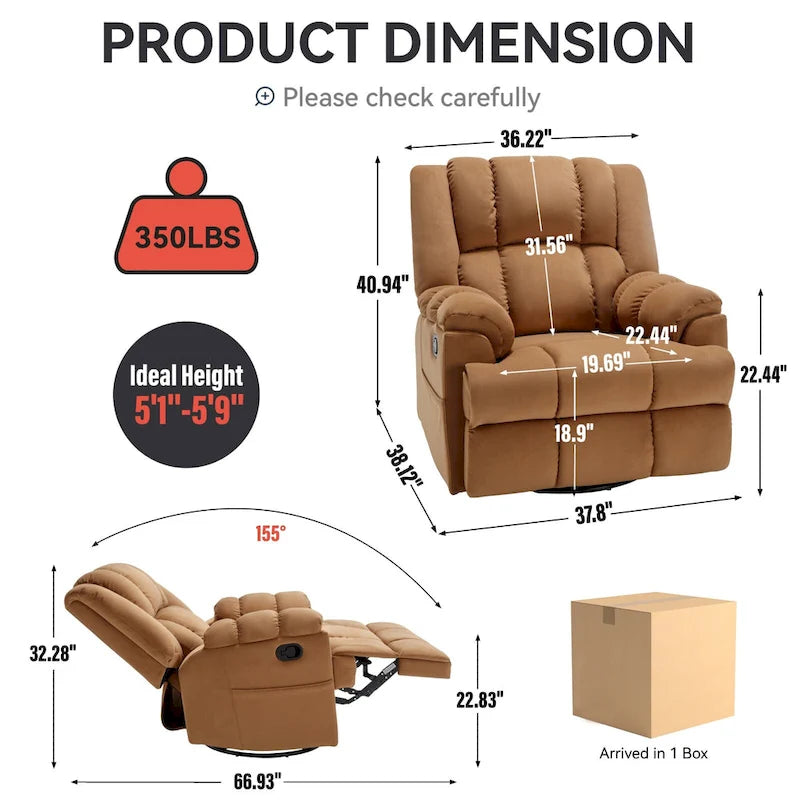 Fauteuil inclinable pivotant en tissu, grand fauteuil inclinable manuel surdimensionné avec accoudoirs rembourrés et dossier à coussin