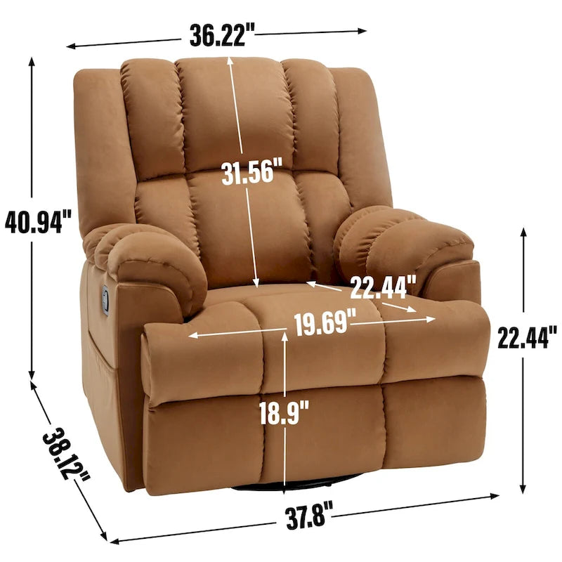 Fauteuil inclinable pivotant en tissu, grand fauteuil inclinable manuel surdimensionné avec accoudoirs rembourrés et dossier à coussin