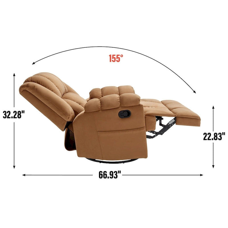Fauteuil inclinable pivotant en tissu, grand fauteuil inclinable manuel surdimensionné avec accoudoirs rembourrés et dossier à coussin
