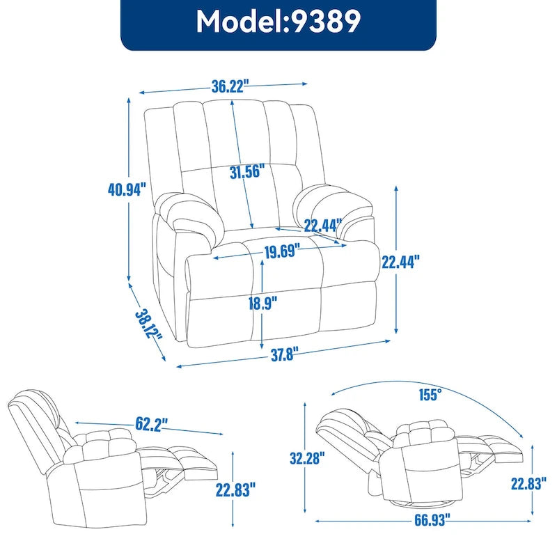 Fauteuil inclinable pivotant en tissu, grand fauteuil inclinable manuel surdimensionné avec accoudoirs rembourrés et dossier à coussin