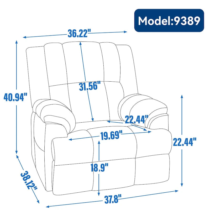 Fauteuil inclinable pivotant en tissu, grand fauteuil inclinable manuel surdimensionné avec accoudoirs rembourrés et dossier à coussin