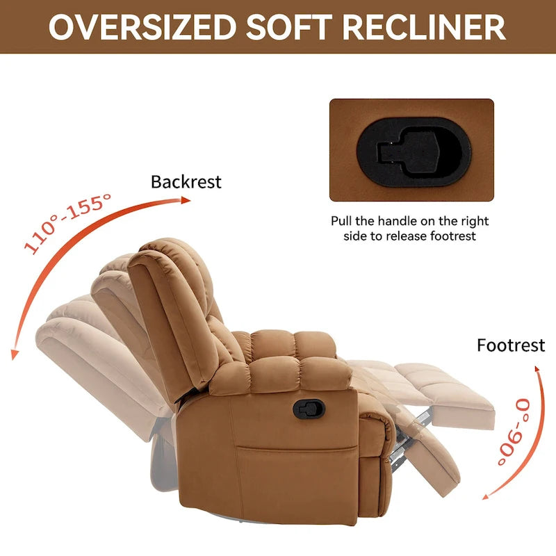 Fauteuil inclinable pivotant en tissu, grand fauteuil inclinable manuel surdimensionné avec accoudoirs rembourrés et dossier à coussin