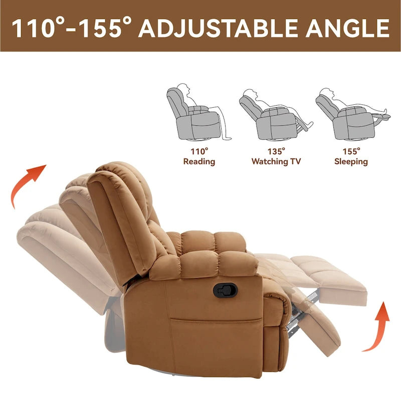 Fauteuil inclinable pivotant en tissu, grand fauteuil inclinable manuel surdimensionné avec accoudoirs rembourrés et dossier à coussin