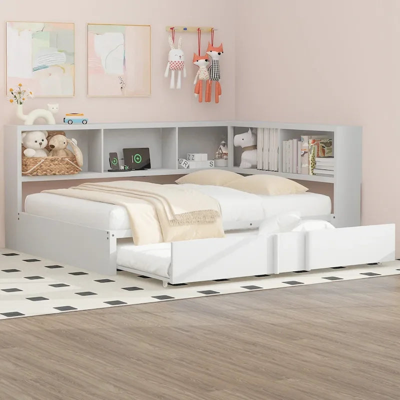 Lit de repos en métal avec lit gigogne, armoires de rangement et ports USB