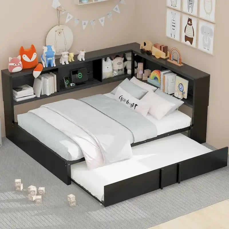 Lit de repos en métal avec lit gigogne, armoires de rangement et ports USB