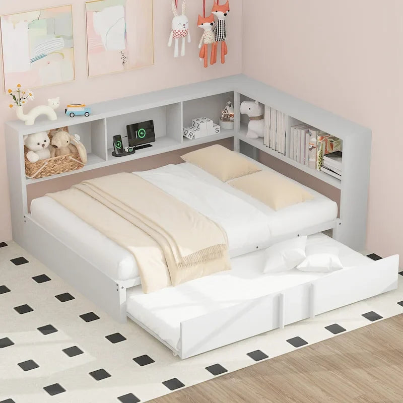 Lit de repos en métal avec lit gigogne, armoires de rangement et ports USB