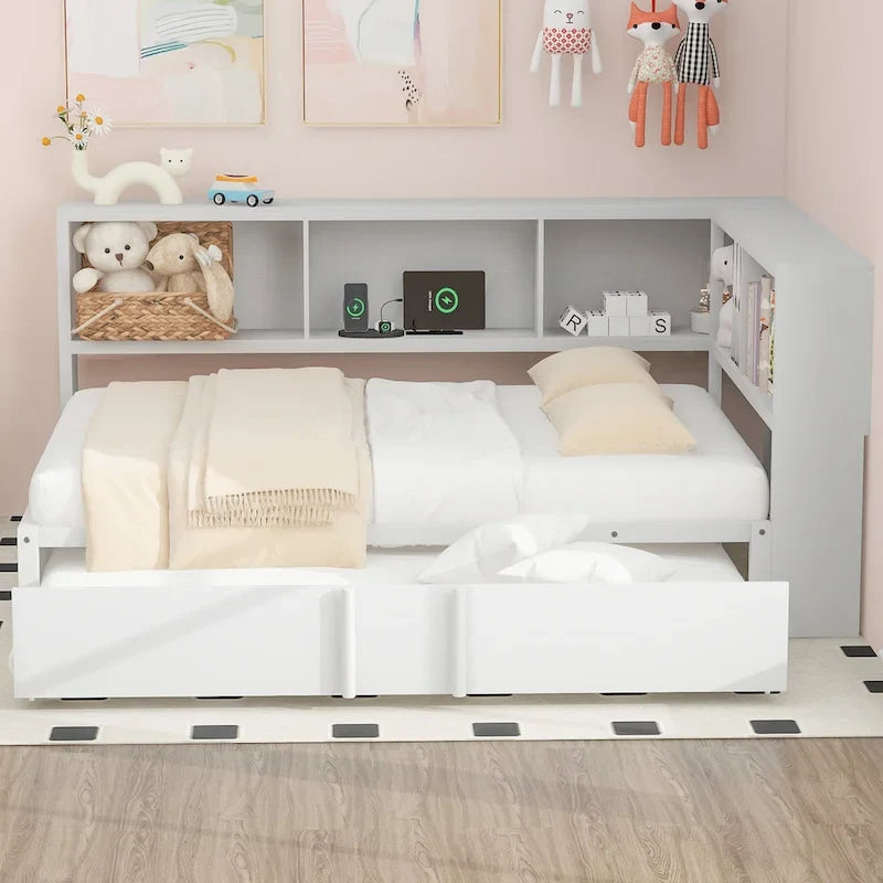 Lit de repos en métal avec lit gigogne, armoires de rangement et ports USB