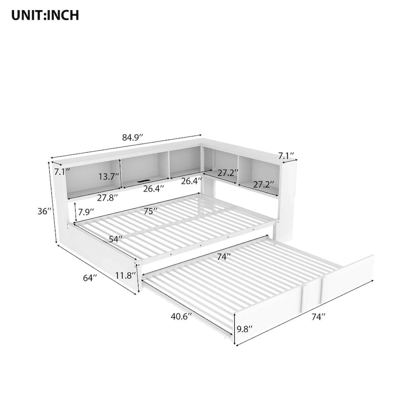 Lit de repos en métal avec lit gigogne, armoires de rangement et ports USB