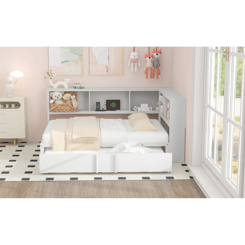 Lit de repos en métal avec lit gigogne, armoires de rangement et ports USB