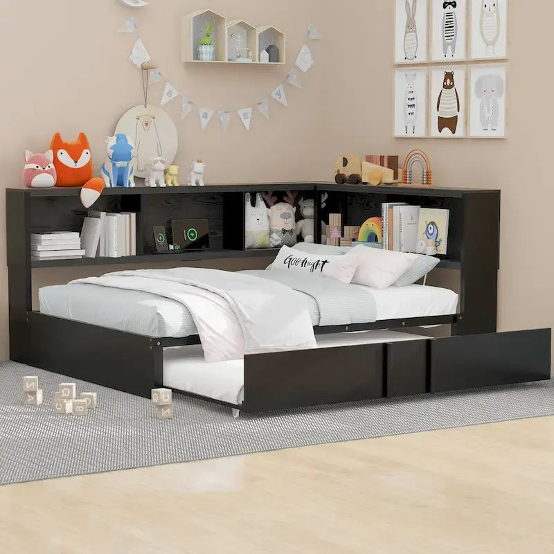 Lit de repos en métal avec lit gigogne, armoires de rangement et ports USB