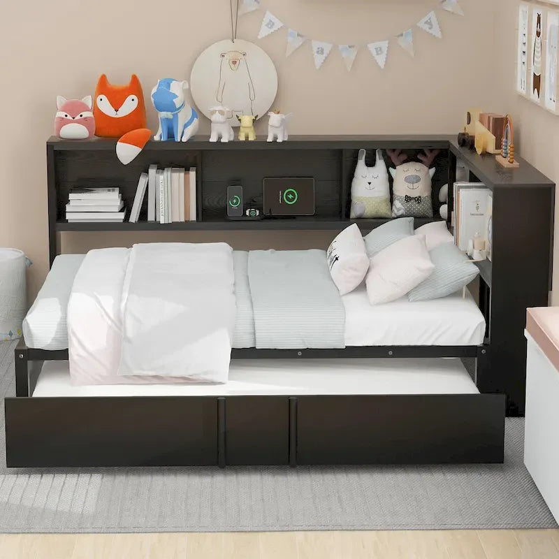 Lit de repos en métal avec lit gigogne, armoires de rangement et ports USB