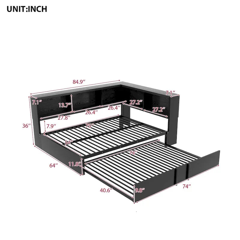 Lit de repos en métal avec lit gigogne, armoires de rangement et ports USB