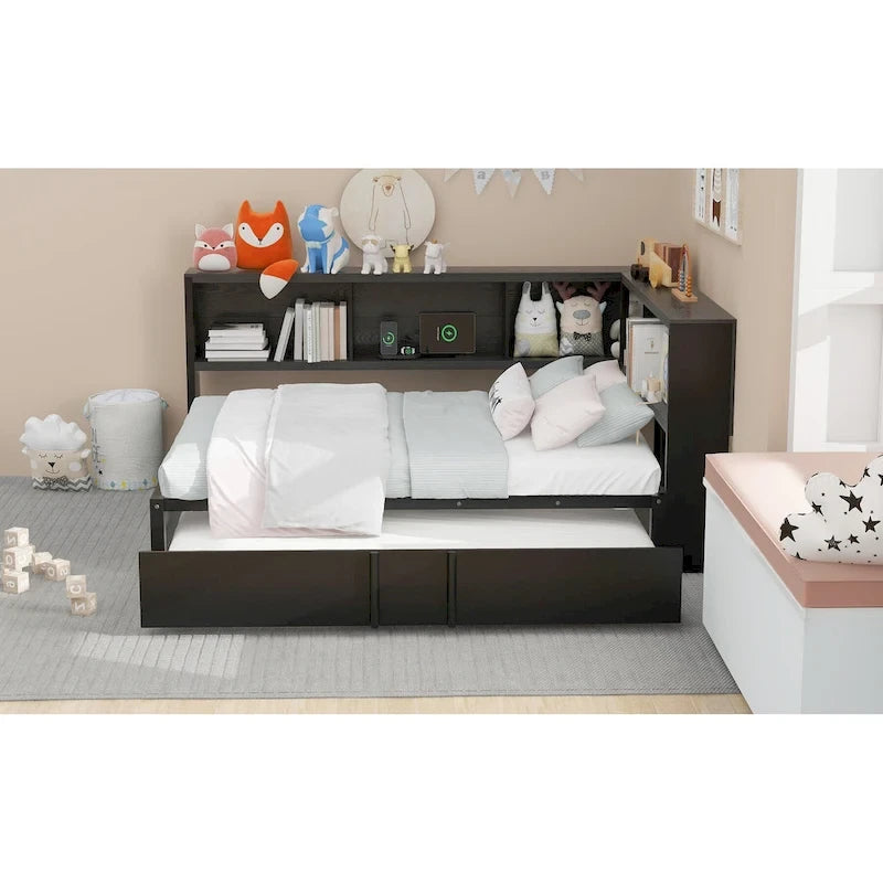 Lit de repos en métal avec lit gigogne, armoires de rangement et ports USB