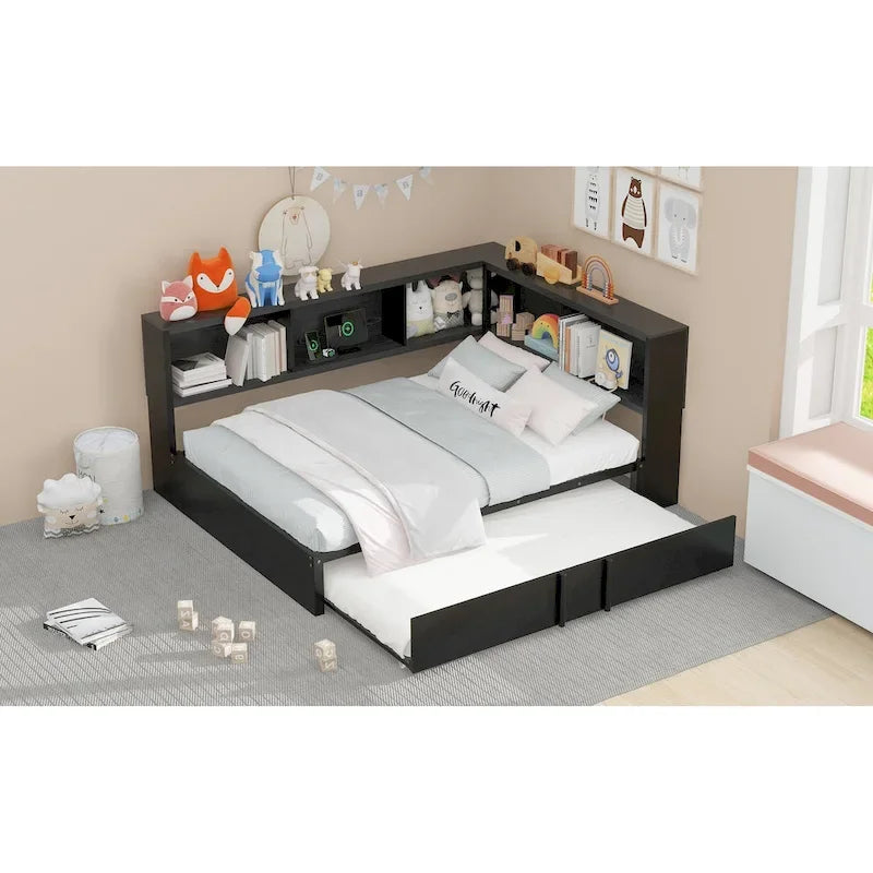 Lit de repos en métal avec lit gigogne, armoires de rangement et ports USB