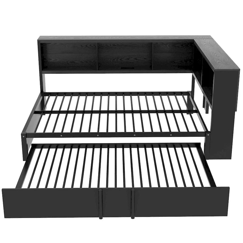 Lit de repos en métal avec lit gigogne, armoires de rangement et ports USB