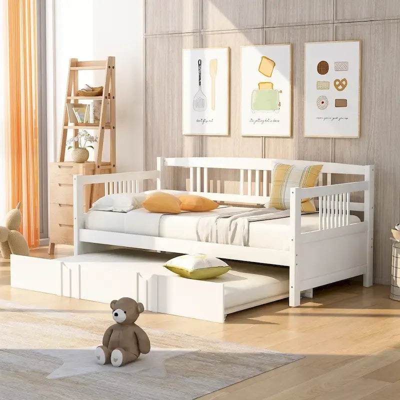 Lit de repos en pin avec lit gigogne, tête et pied de lit