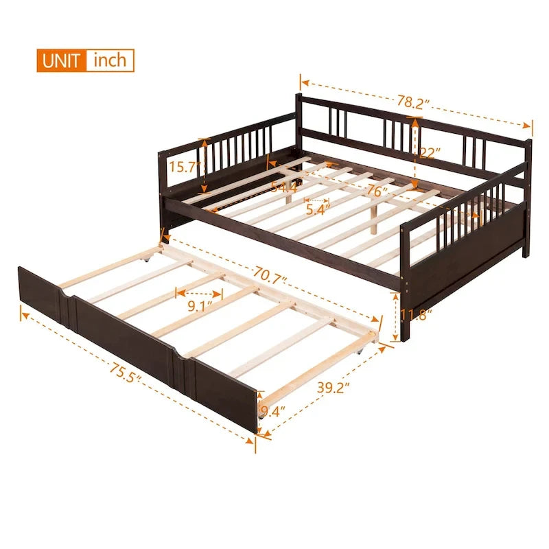 Lit de repos en pin avec lit gigogne, tête et pied de lit