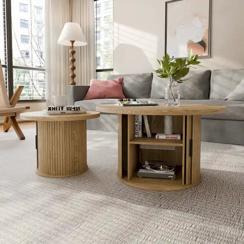 Table basse ronde Tambour Design avec étagère de rangement