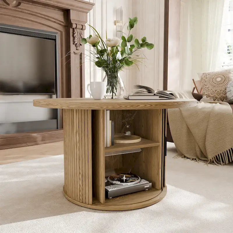 Table basse ronde Tambour Design avec étagère de rangement